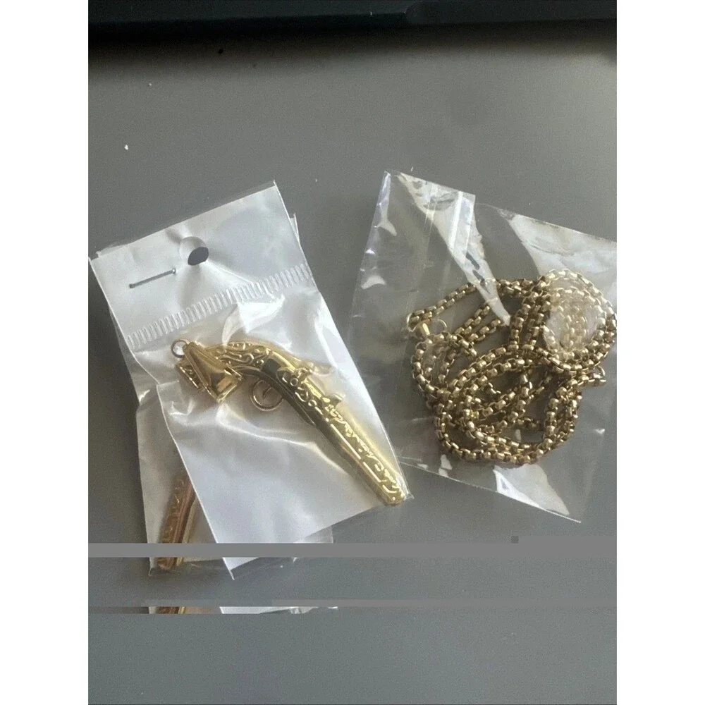 Stainless Steel Pendant Gun Rifle Hunter Hunting 24 Inch Box Chain Gold Plated